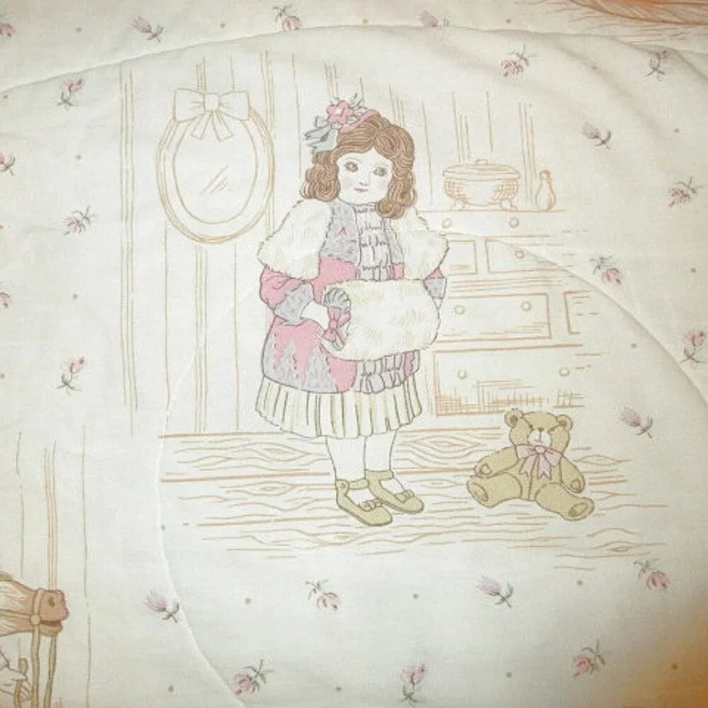 Vtg Victorian Doll Crib Quilt Toddler Bed Reversible Horse Bear Girl Friends